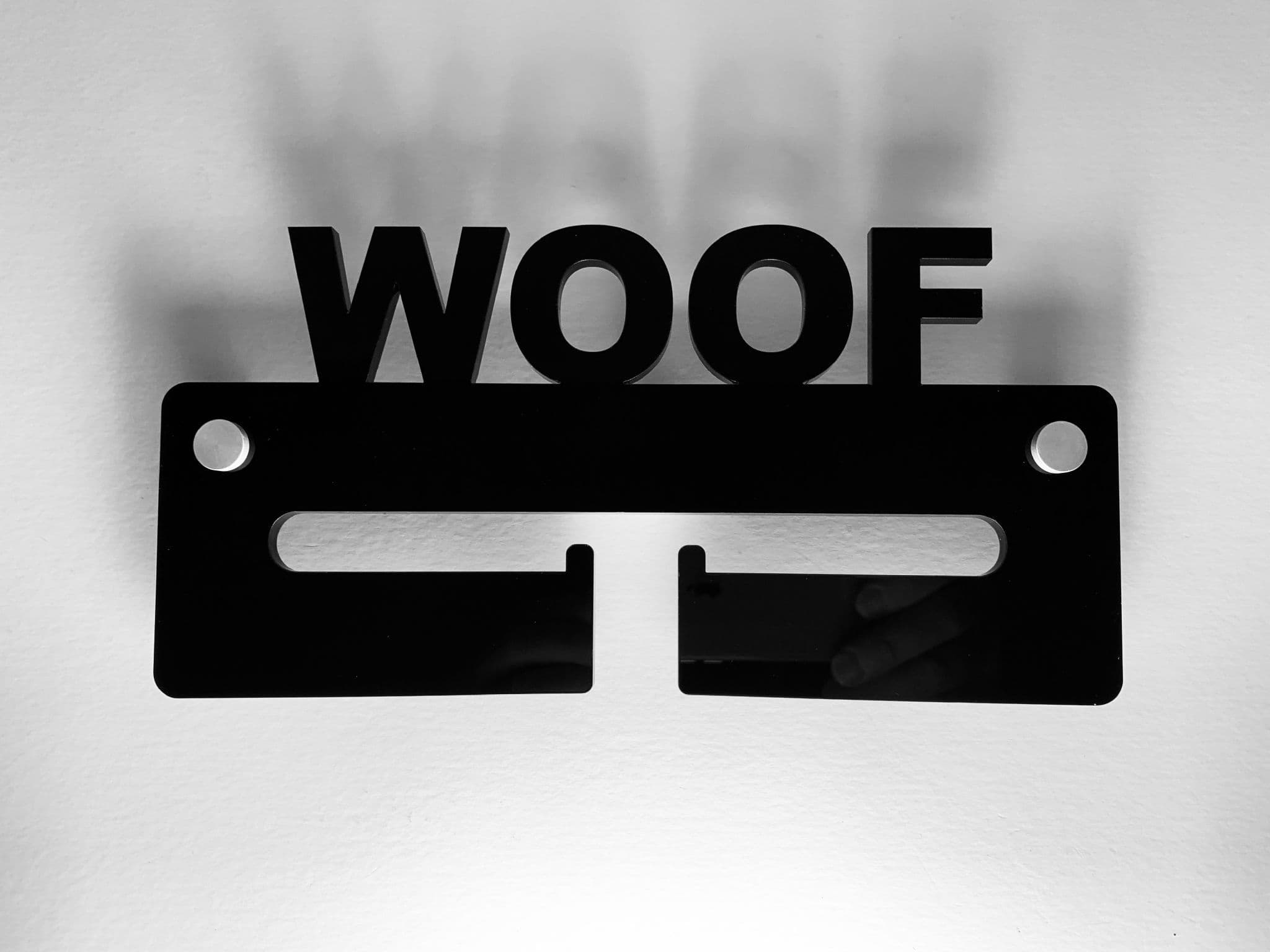 Dog lead hanger WOOF Black Acrylic with fixings & FREE POST