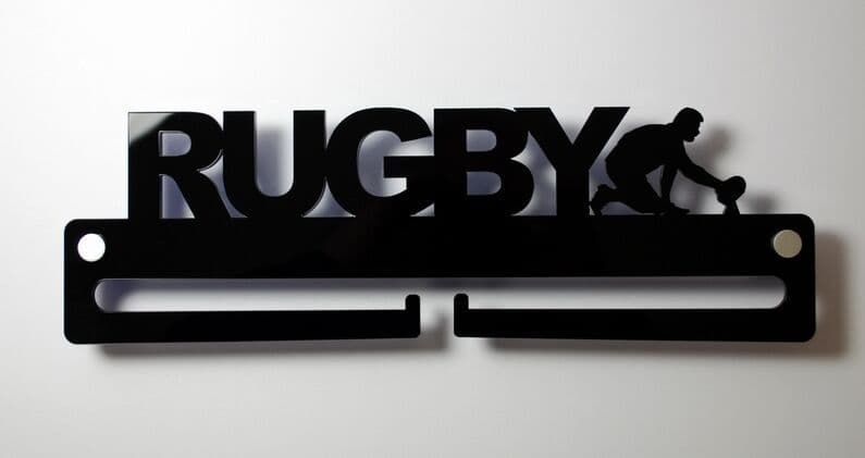 Medal Display Hanger Holder RUGBY Black Acrylic - fixings & FREE POST